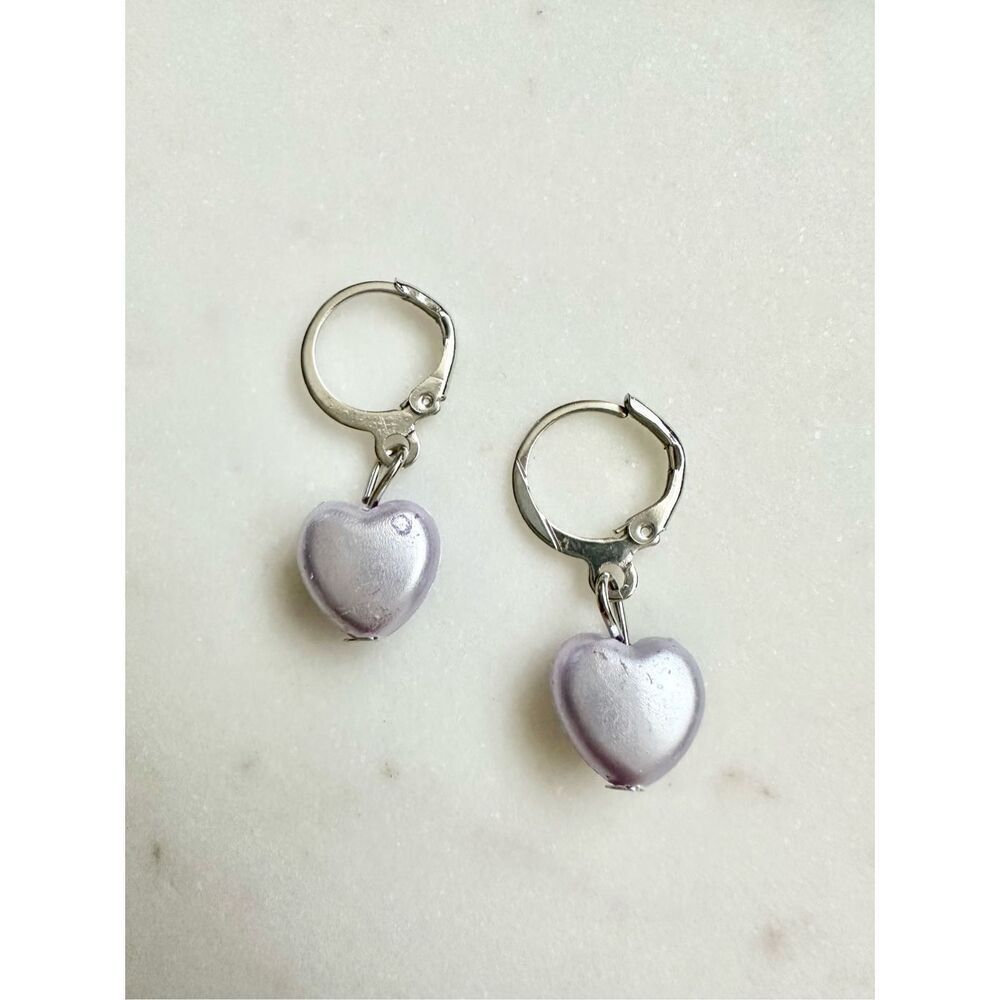 Purple bow pearl heart dangle earrings 